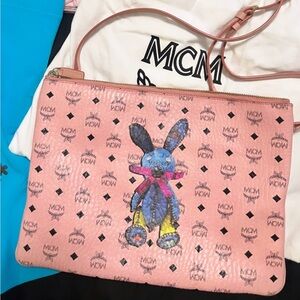 MCM Pink Leather Crossbody Pouch with Multicolor Bunny Motif
